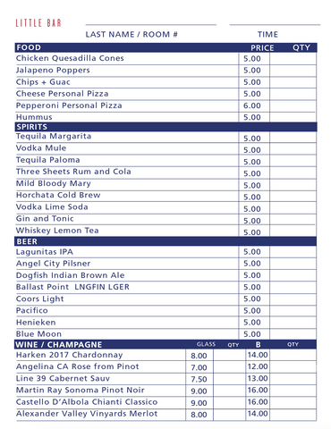 Little Bar Checklist (food, spirits, beer and wine)